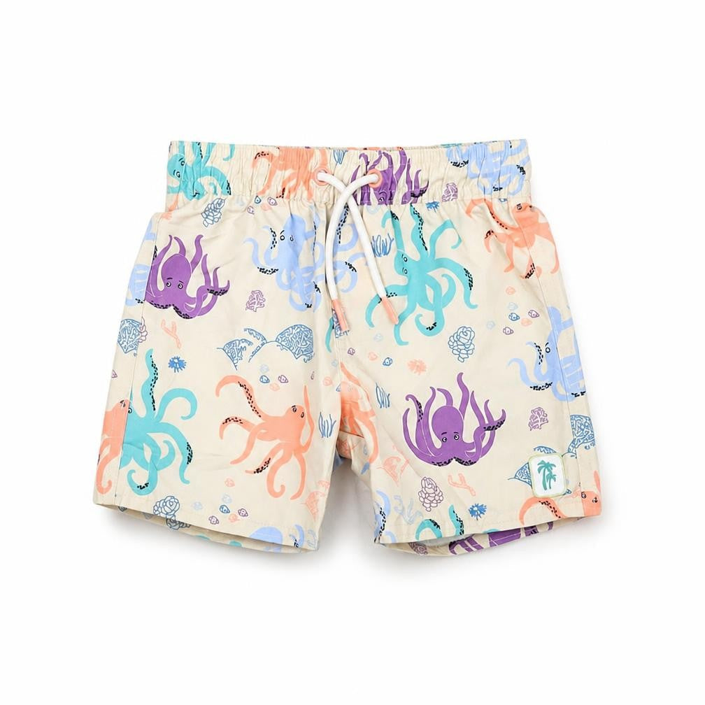 Front view of Marks & Spencer boys’ beige geometric polyester shorts outfit/set, months drawstring - swim short, octopus