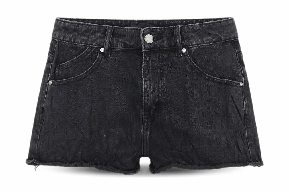 Front view of Urban Revivo Black High-Waisted Cut-Off Denim Shorts