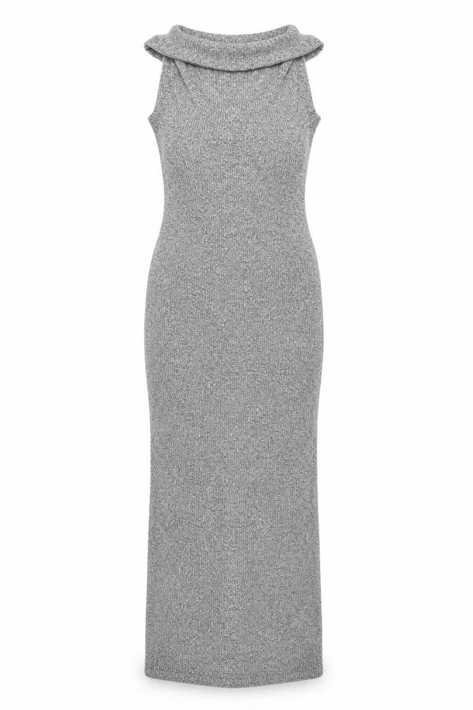 Lipsy London Grey Bodycon Midi Dress, Size 12, Cowl Neck