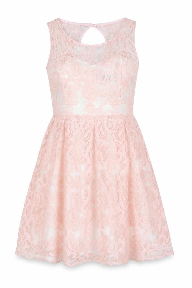 Front view of Forever 21 Pink Lace Dress, L, Sleeveless, Party/Wedding