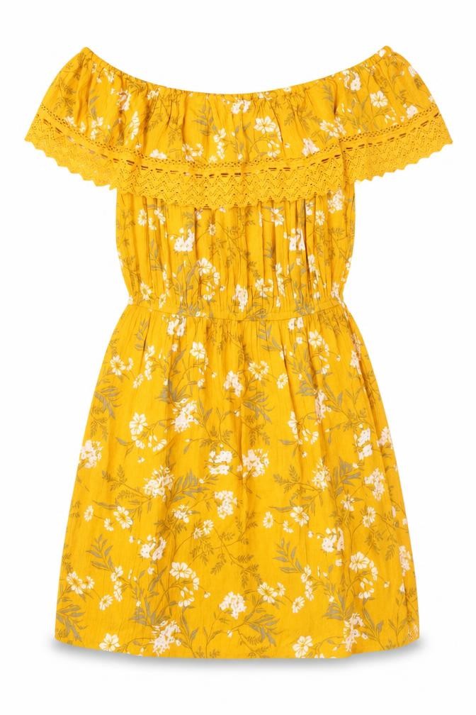 Front view of Miss Selfridge Women's Yellow Floral Off-Shoulder Dress