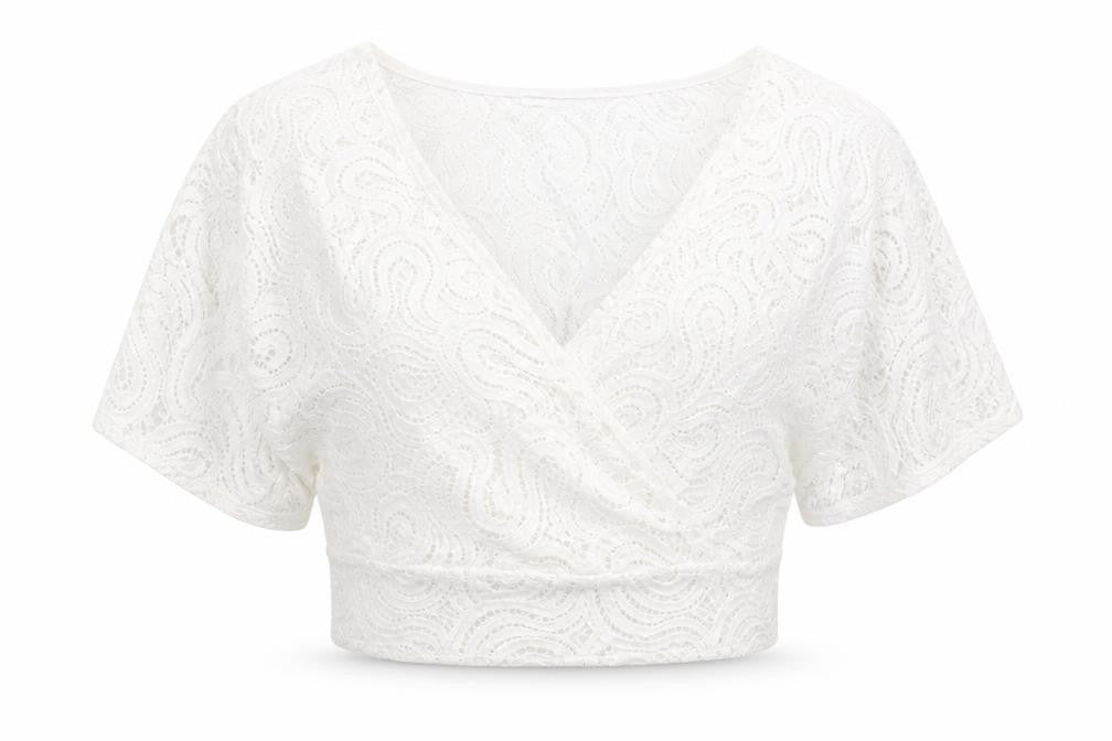 Zara White Lace Women's Cropped V-Neck Blouse - Size L