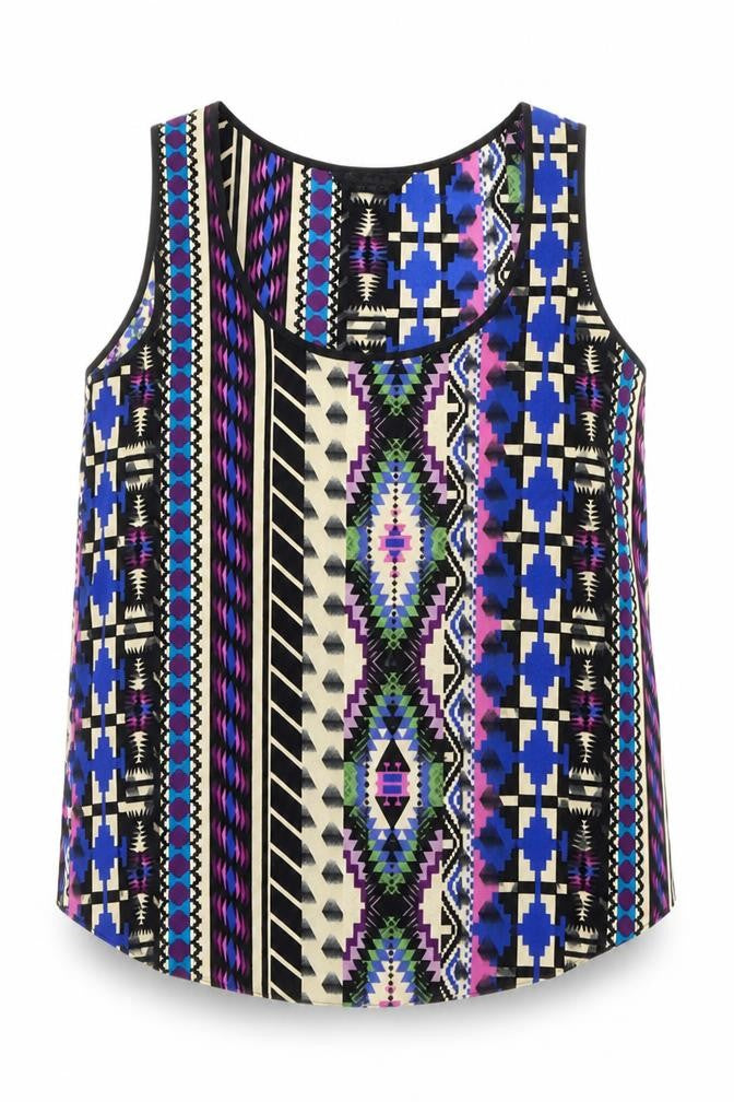 Front view of Miss Selfridge women’s aztec multicoloured tank top, size UK 8