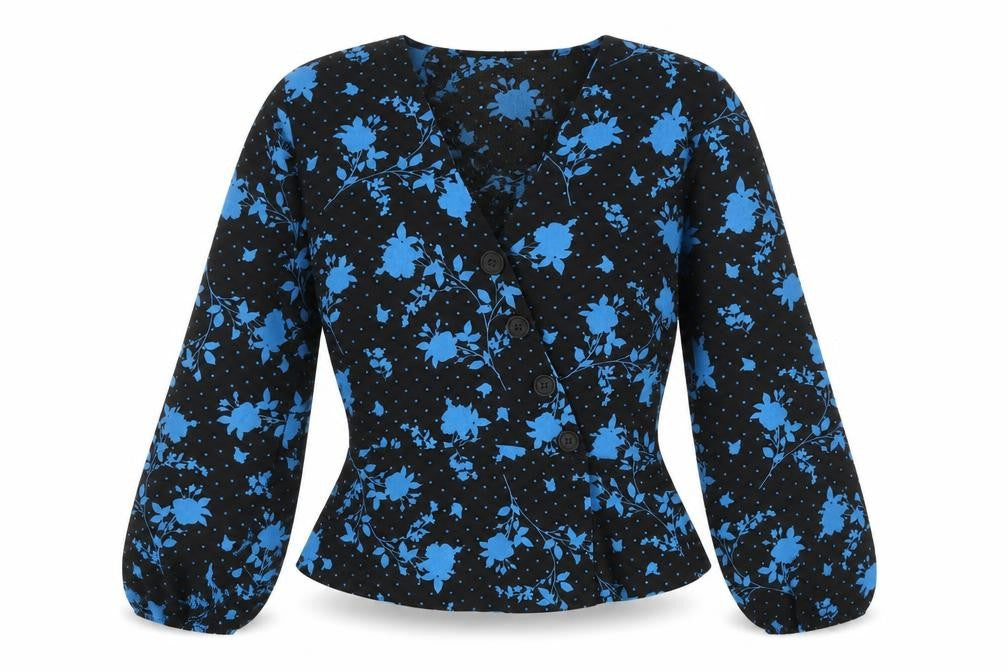 Front view of Red Herring Women's Floral Cropped Blouse Black Blue