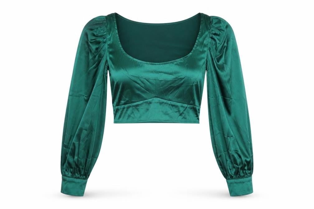 Front view of Femme Luxe Green Cropped Blouse, size 6, Party Top