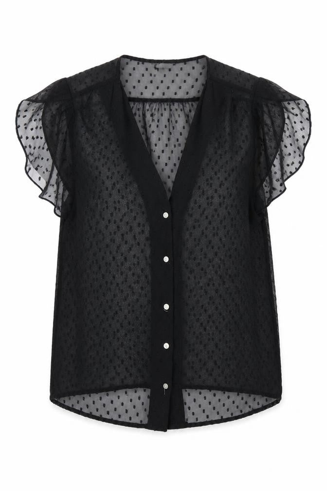 H&M Black Polka Dot Sheer Blouse, Size 10, V-Neck