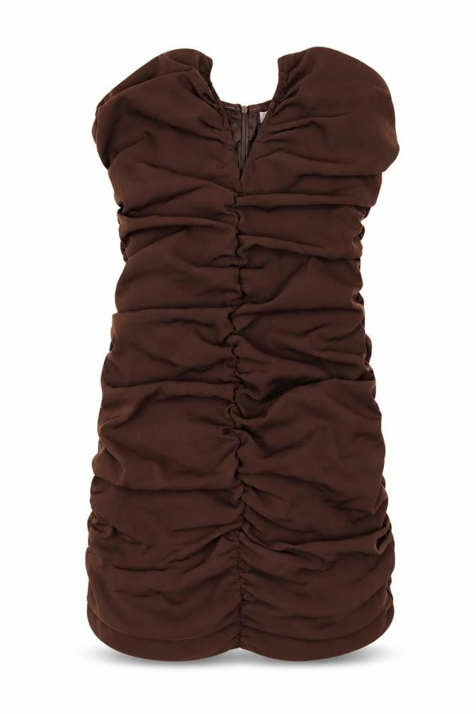Front view of MISSPAP Brown Ruched Strapless Dress, size 10