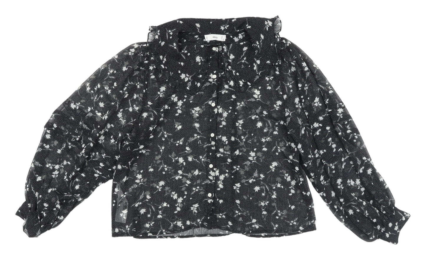 MNG Women's Black Floral Blouse, Size 12, Collared Chiffon