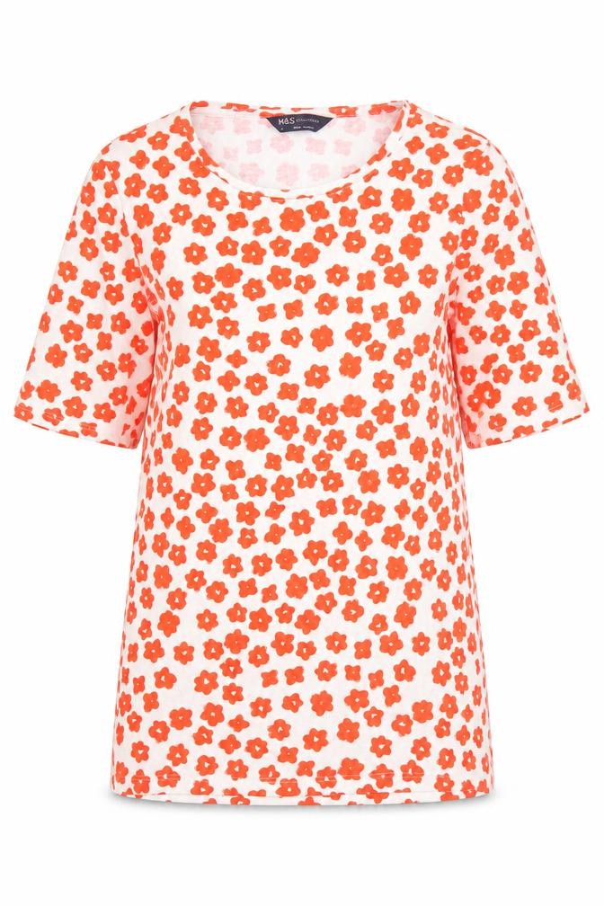 Marks and Spencer Women's Red Floral T-Shirt Size 10