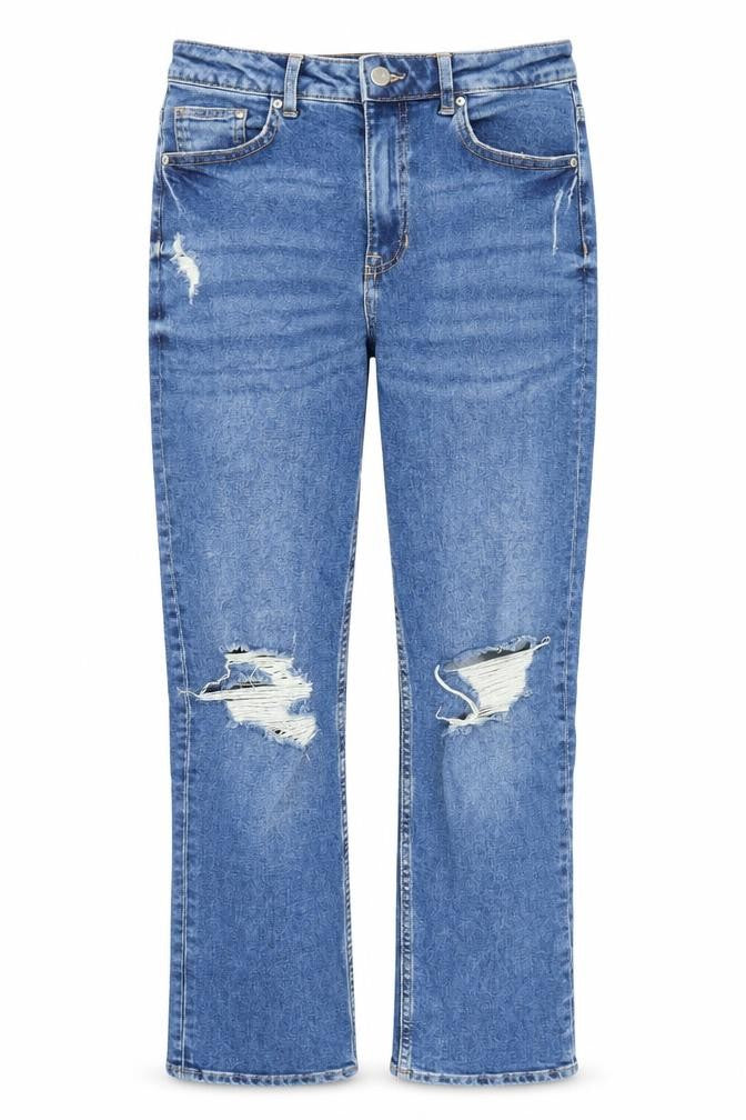 Front view of Women's High Waist Blue Straight Distressed Jeans, size 8
