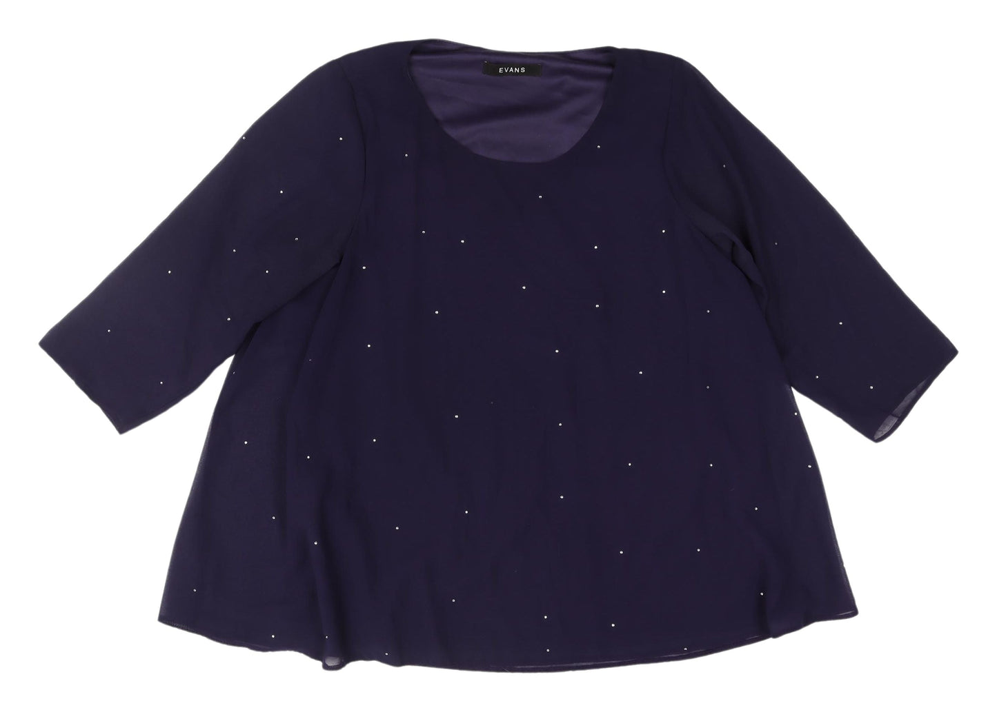 Evans Women's Blue Beaded Blouse, Size 16, 3/4 Sleeve, Scoop Neck