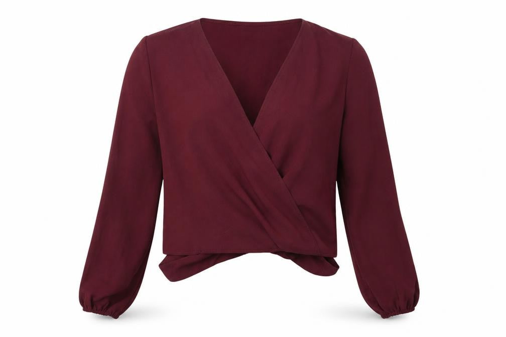 Front view of Missguided Women's Red Wrap Blouse, size 16, Casual Style