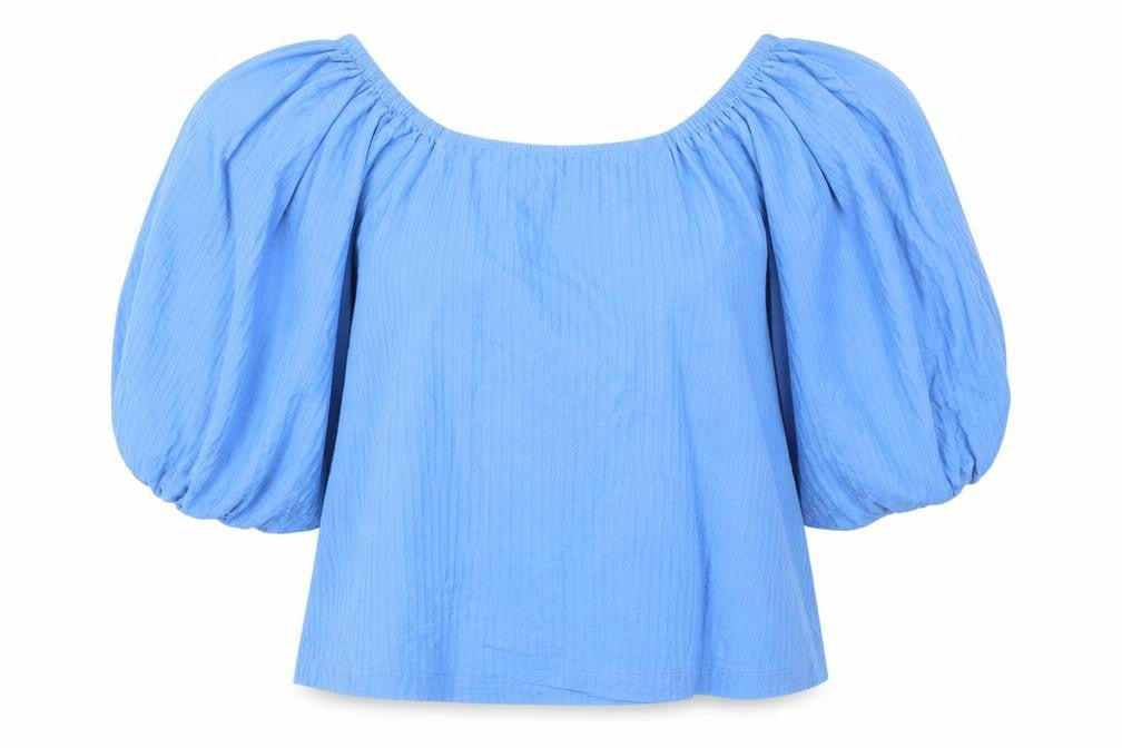 Front view of Next Blue Off the Shoulder Blouse, size 10, Balloon Sleeve