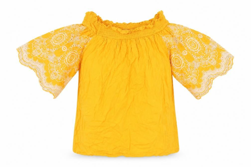 Front view of Marks & Spencer Yellow Off Shoulder Flared Blouse, size 12