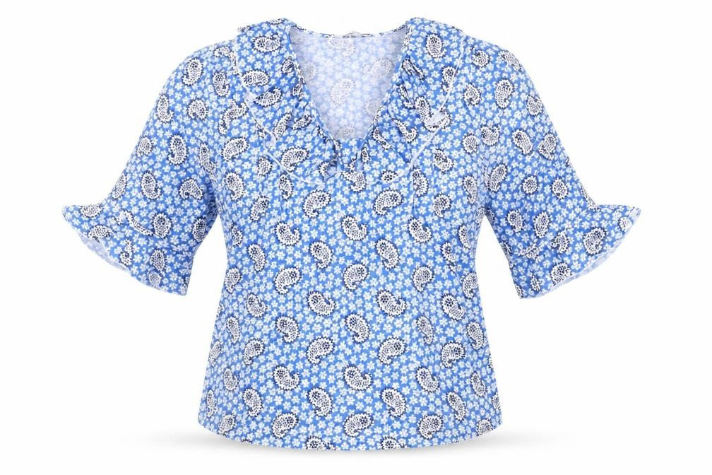 Front view of Savannah Miller Blue Floral Tunic Blouse, size 12