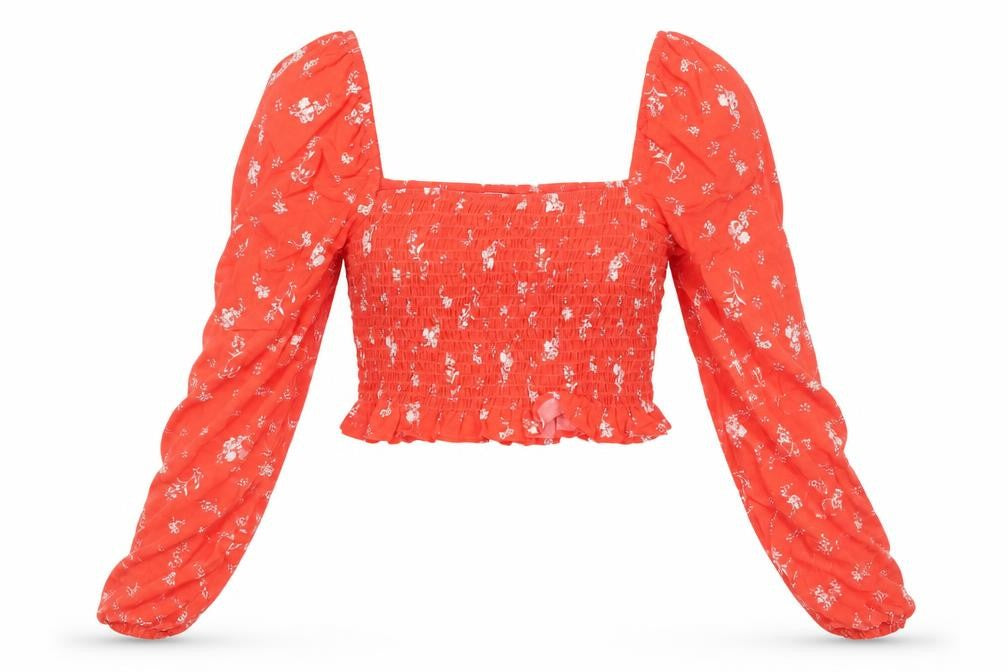 Front view of H&M Red Floral Cropped Blouse with Puff Sleeves