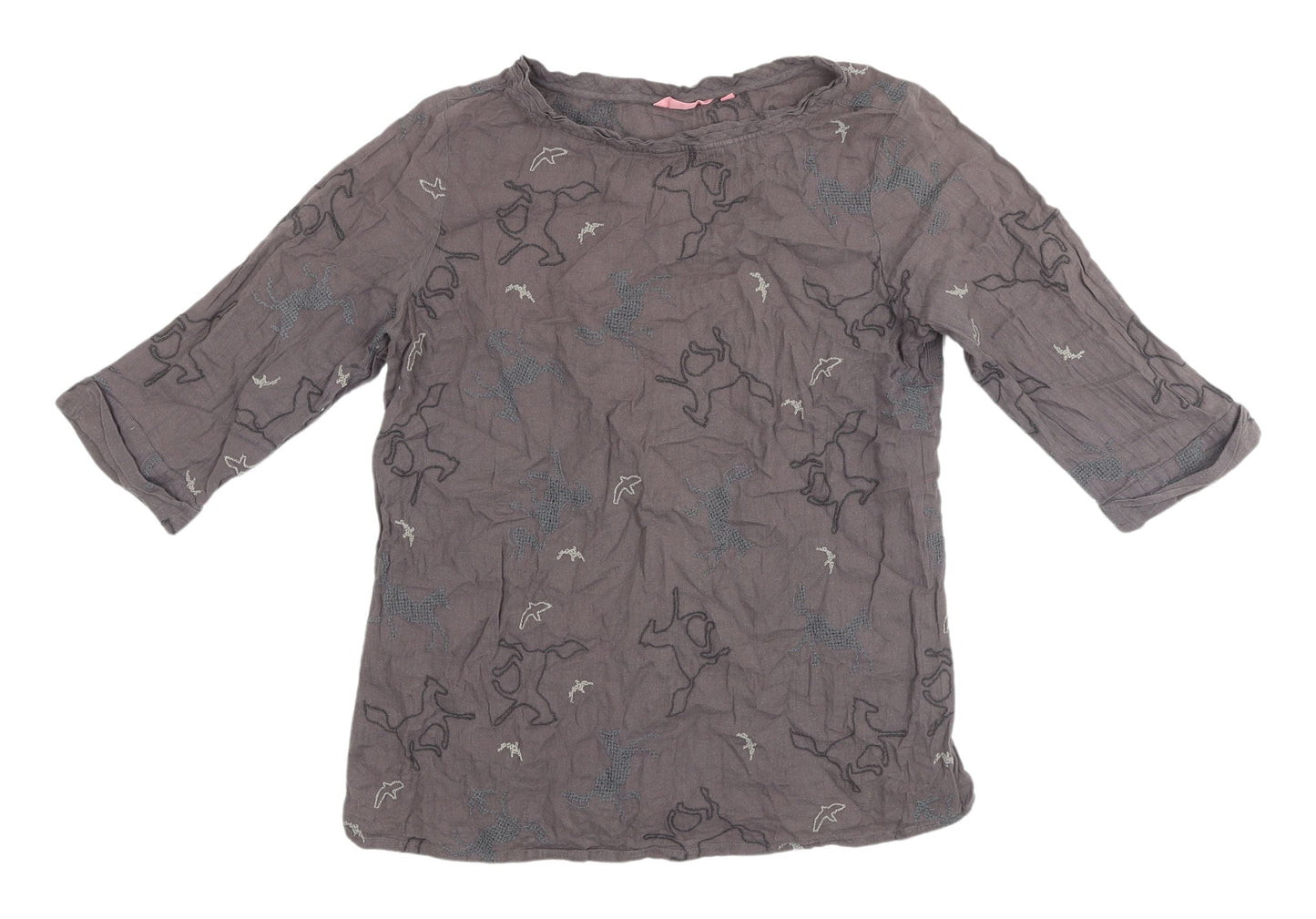 White Stuff Women's Grey Embroidered Horses 3/4 Sleeve Top Size 12