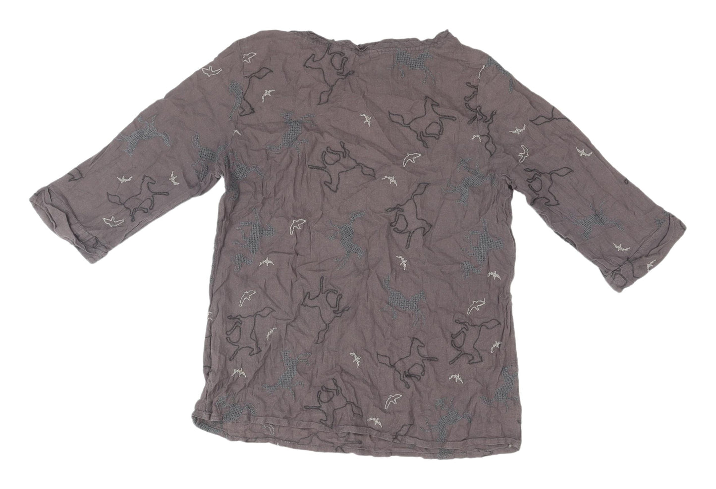 White Stuff Women's Grey Embroidered Horses 3/4 Sleeve Top Size 12