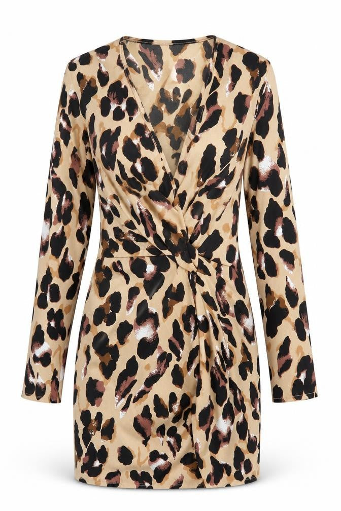 Front view of Club L London Women's Beige Animal Print Bodycon Dress