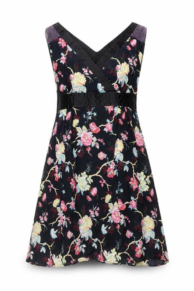 Front view of Mela Loves London Black Floral A-Line Dress -, size S, V-Neck