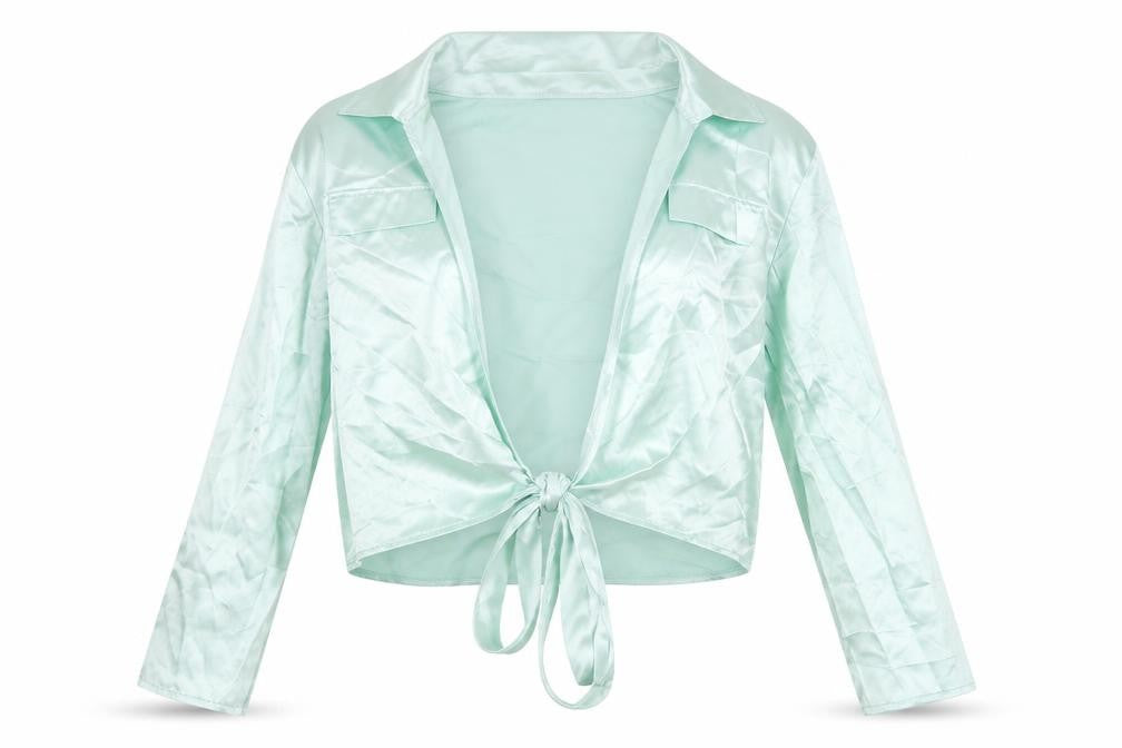 Front view of Boohoo Green Cropped Satin Blouse, size 14, Casual V-Neck