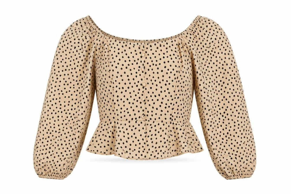 Front view of Miss Selfridge Women's Beige Polka Dot Cropped Blouse