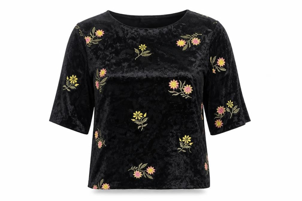 Front view of ASOS Women's Black Floral Embroidered Blouse, size 6