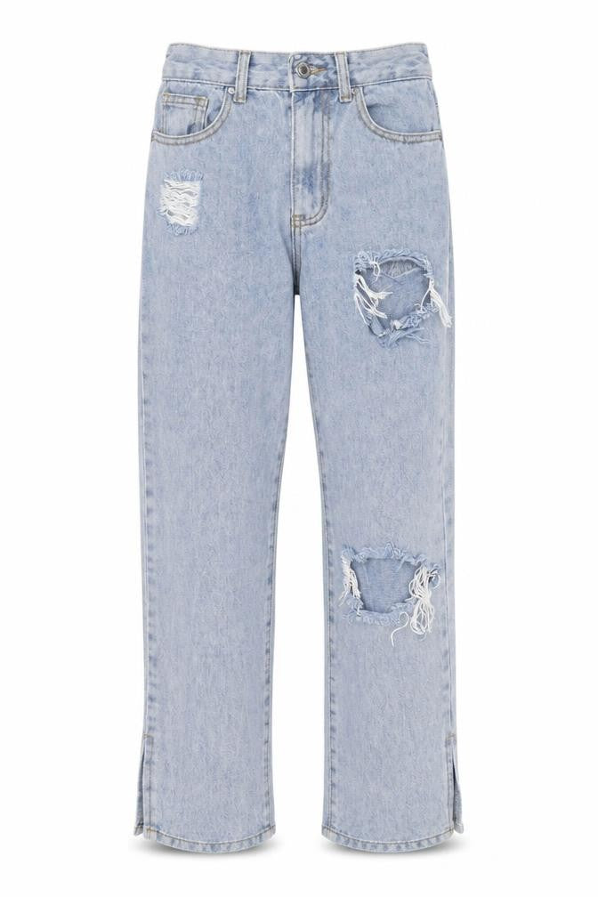 Front view of PRETTYLITTLETHING Blue Petite Distressed Jeans - XS