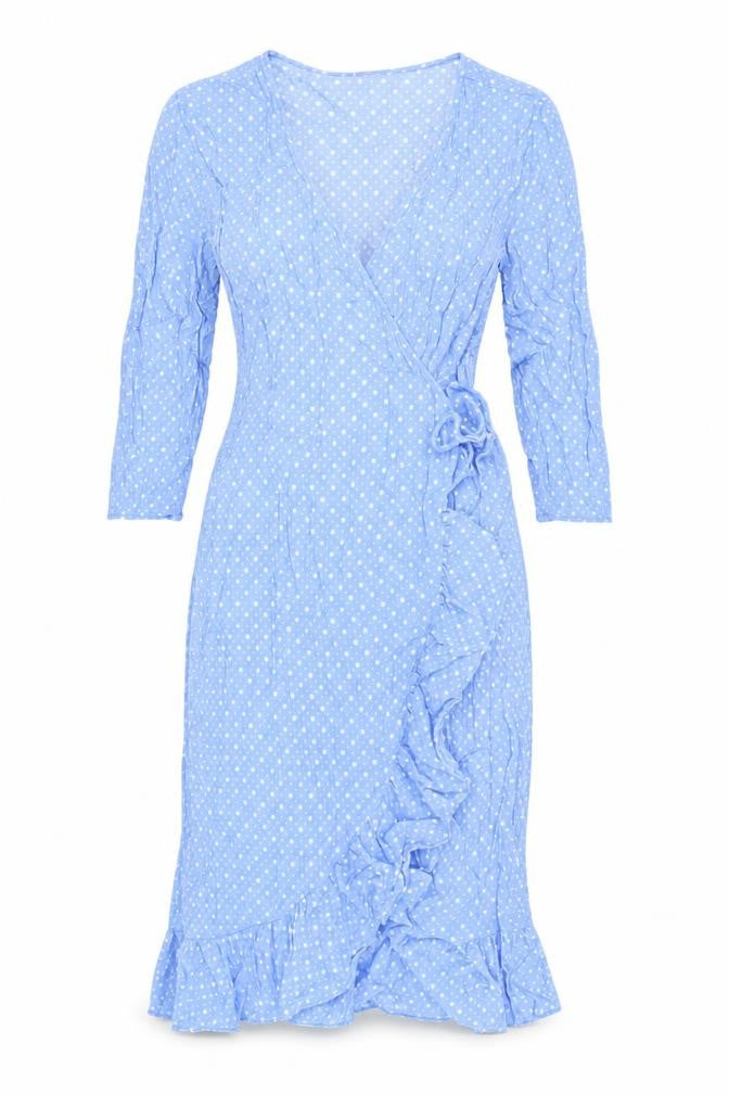 Front view of By Malene Birger Blue Polka Dot Wrap Dress, size 8
