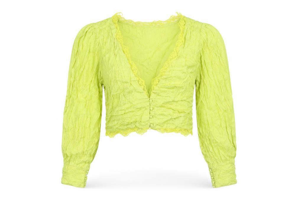 Front view of Miss Selfridge Women's Yellow Lace Cropped Blouse UK 14