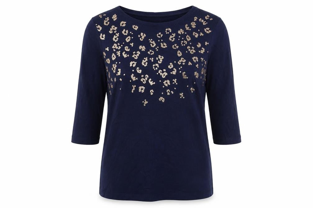 Encuentro Blue Sequin T-Shirt Women L 3/4 Sleeve
