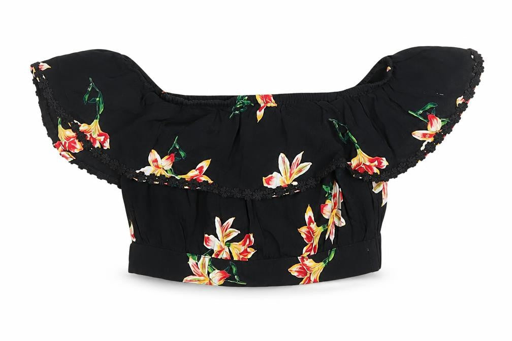 Front view of Miss Selfridge Women's Black Floral Cropped Top UK 6
