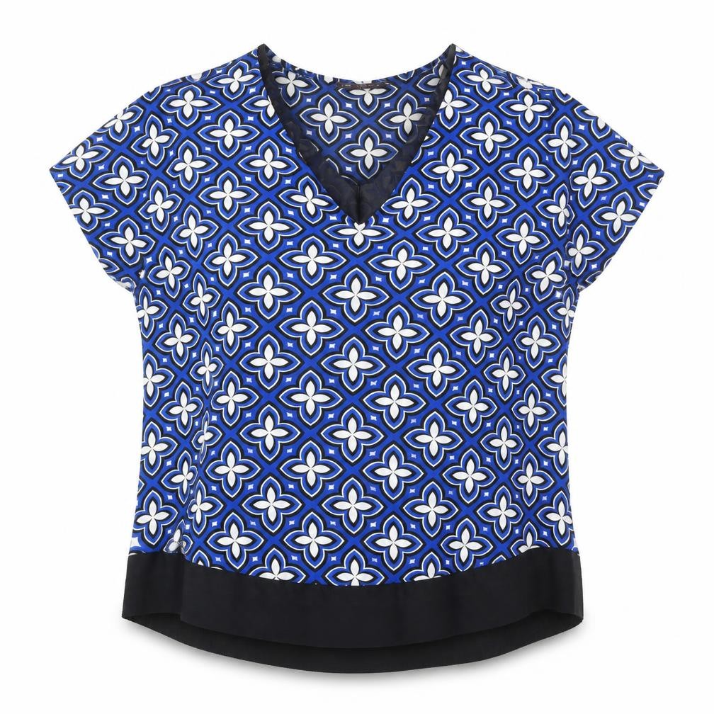 Front view of Marks & Spencer Blue Geometric V-Neck Blouse, size 14