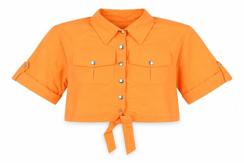 Front view of Rising Orange Cropped Button-Up Shirt, size L