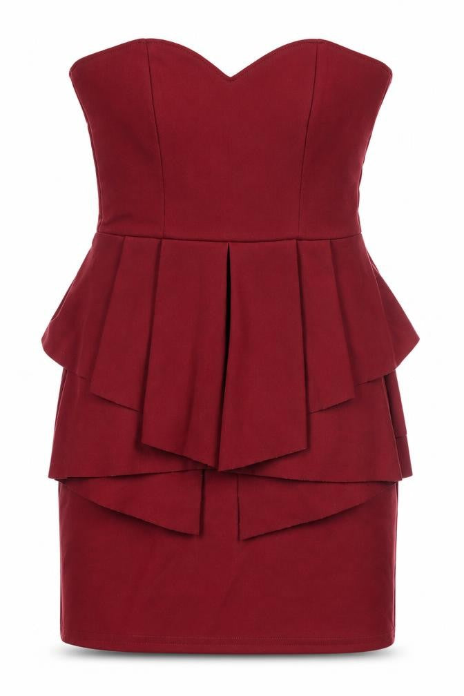 Front view of Oh My Love London Red Strapless Peplum Mini Dress