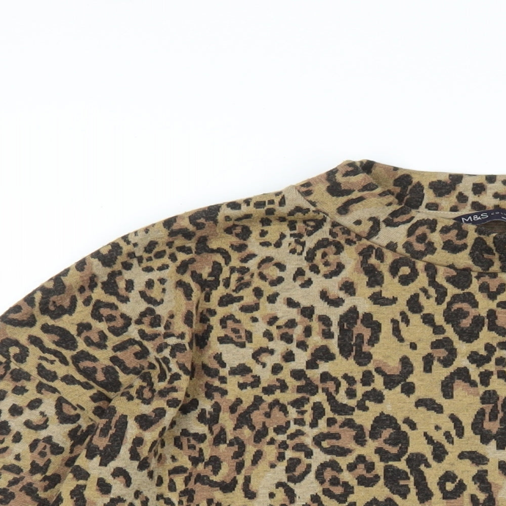 Marks and Spencer Womens Brown Mock Neck Animal Print Polyester Pullover Jumper Size 16 - le