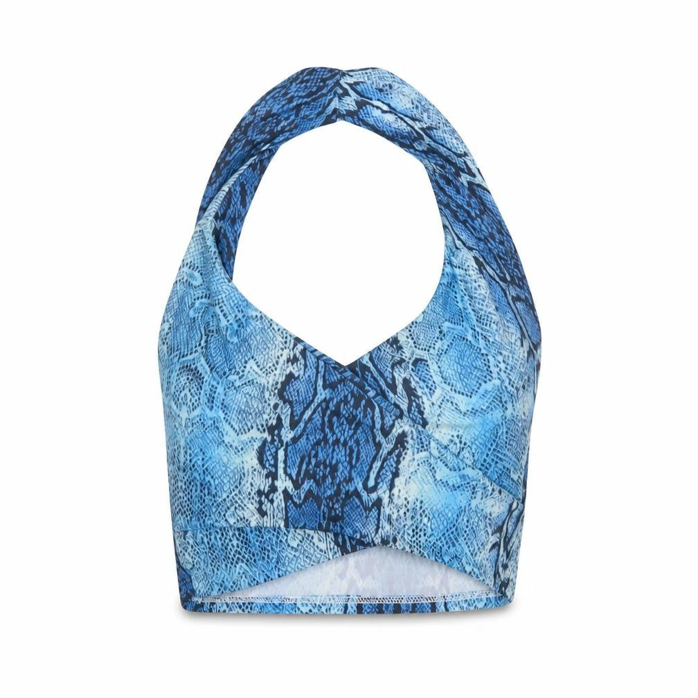 PRETTYLITTLETHING Womens Blue Animal Print Polyester Cropped Tank Size 6 Halter