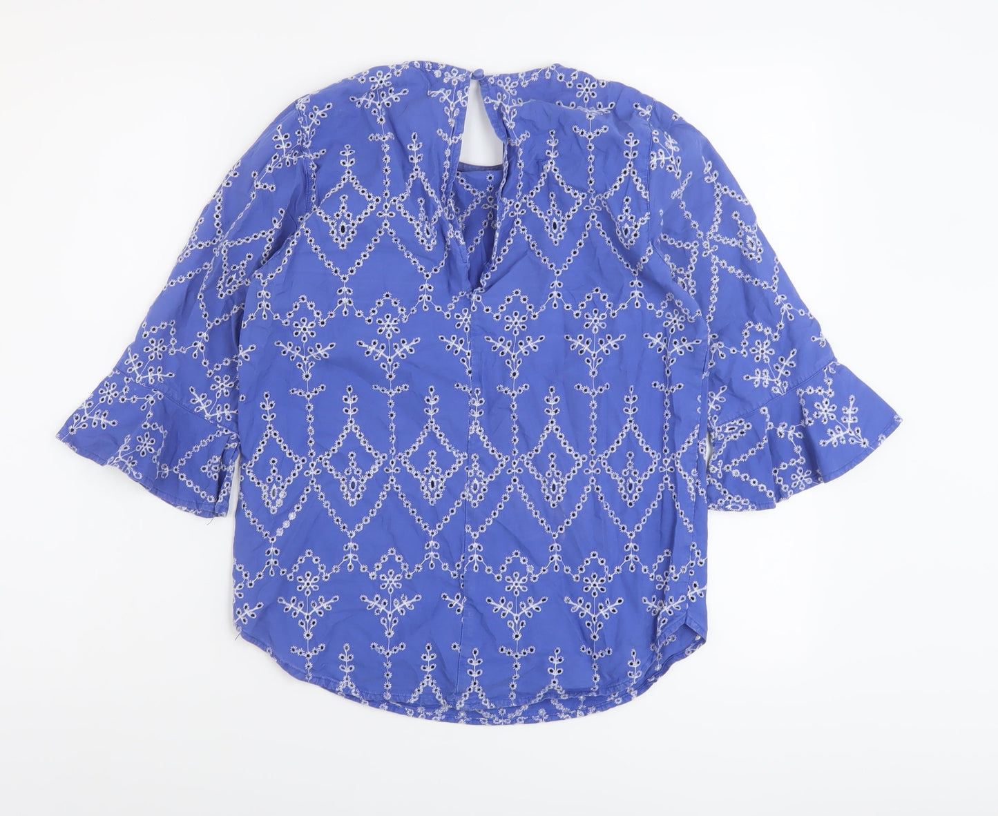 Warehouse Womens Blue Floral Cotton Basic Blouse Size 8 Round Neck