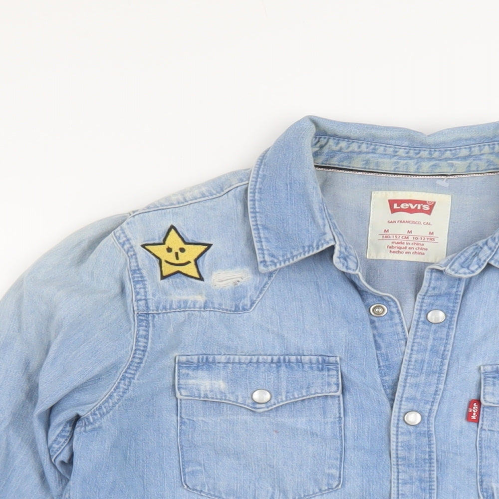 Levi's Girls Blue Cotton Basic Button-Up Size 10-11 Years Collared Snap