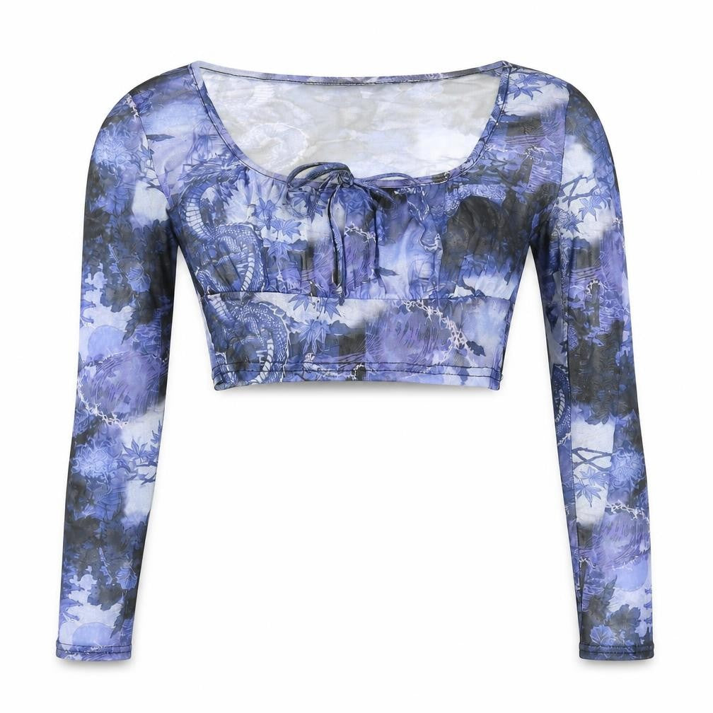 PRETTYLITTLETHING Womens Blue Geometric Polyester Cropped Blouse Size 12 Scoop Neck - Rouched Bow Dragon Print Semi Sheer