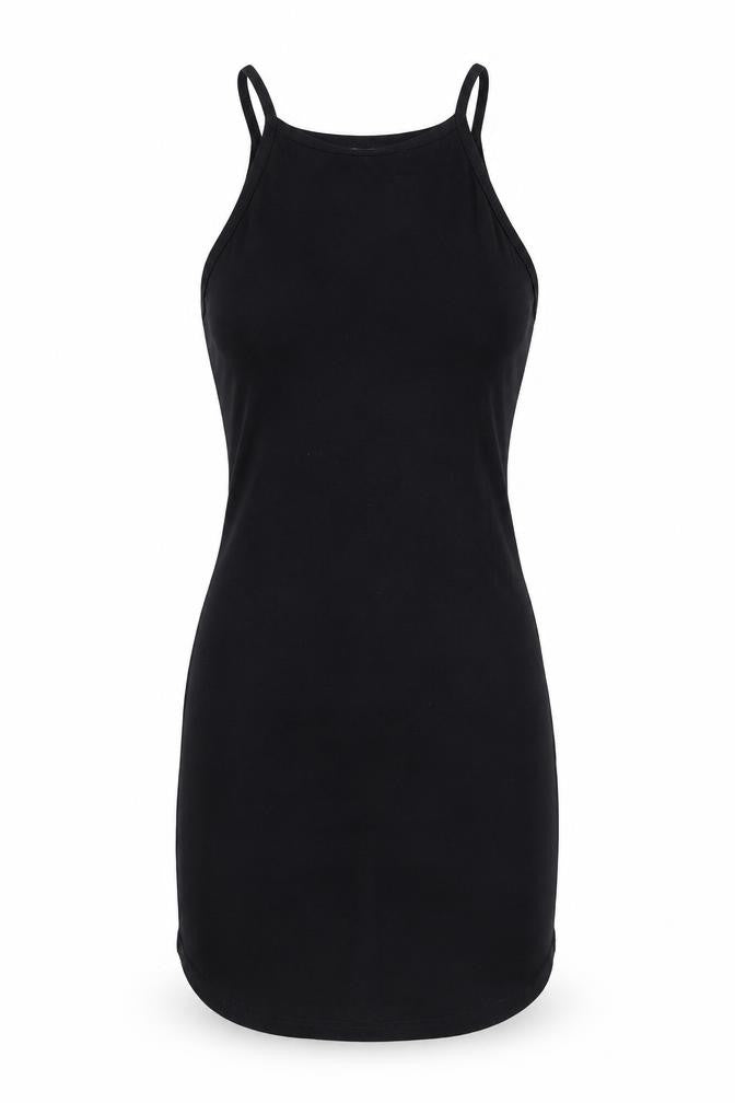 Front view of Missguided women’s black viscose bodycon, size UK 6, square neck pullover