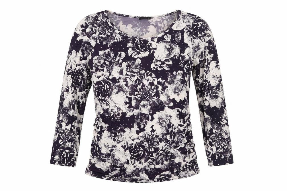 Roman Womens Purple Floral Polyester Basic Blouse Size 10 Round Neck - Sequin Detail Rouched