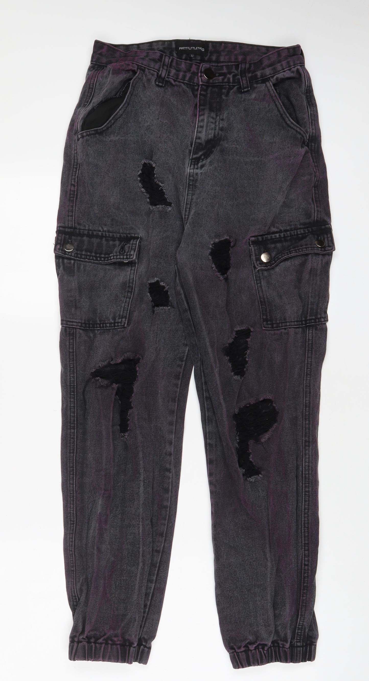 PRETTYLITTLETHING Womens Grey Cotton Tapered Jeans Size 10 L27 in Regular Zip - Purple tint, Cuffed