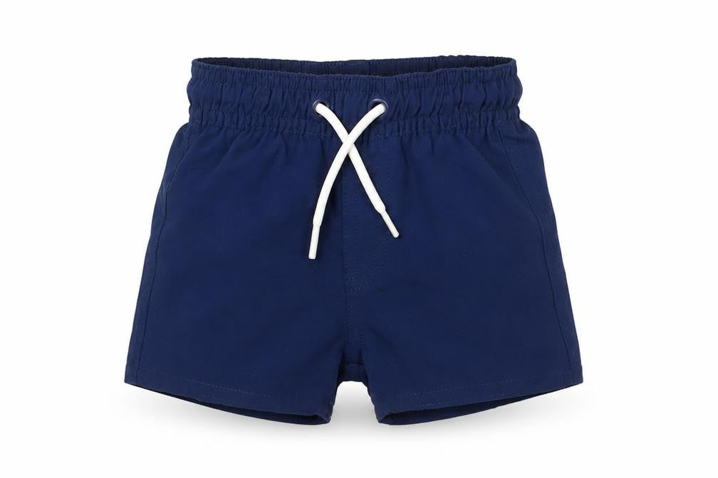 Front view of Marks & Spencer boys’ blue polyester cropped trousers, size 0-3, months drawstring - swim shorts