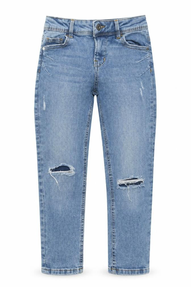 Front view of Denim & Co. girls’ blue cotton skinny jeans, size 10-11, years, 26-inch leg regular zip