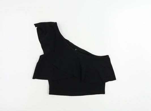Stradivarius Womens Black Polyester Cropped Blouse Size M One Shoulder - Ruffle