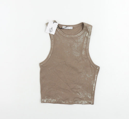 Stradivarius Womens Brown Cotton Cropped Tank Size XS Round Neck - Metallic Details
