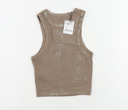 Stradivarius Womens Brown Cotton Cropped Tank Size XS Round Neck - Metallic Details