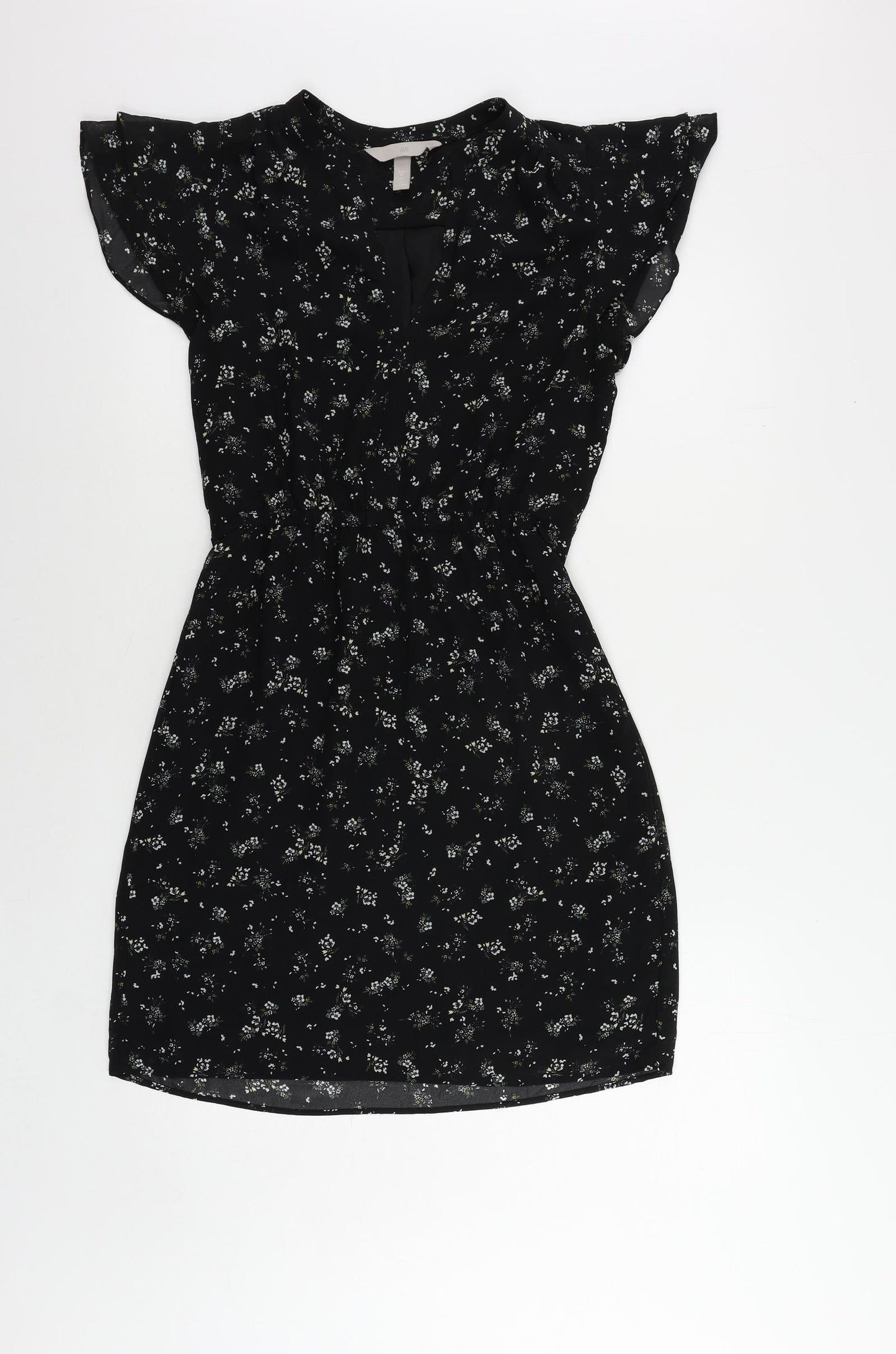H&M Womens Black Floral Polyester A-Line Size 6 V-Neck Zip - Ruffle
