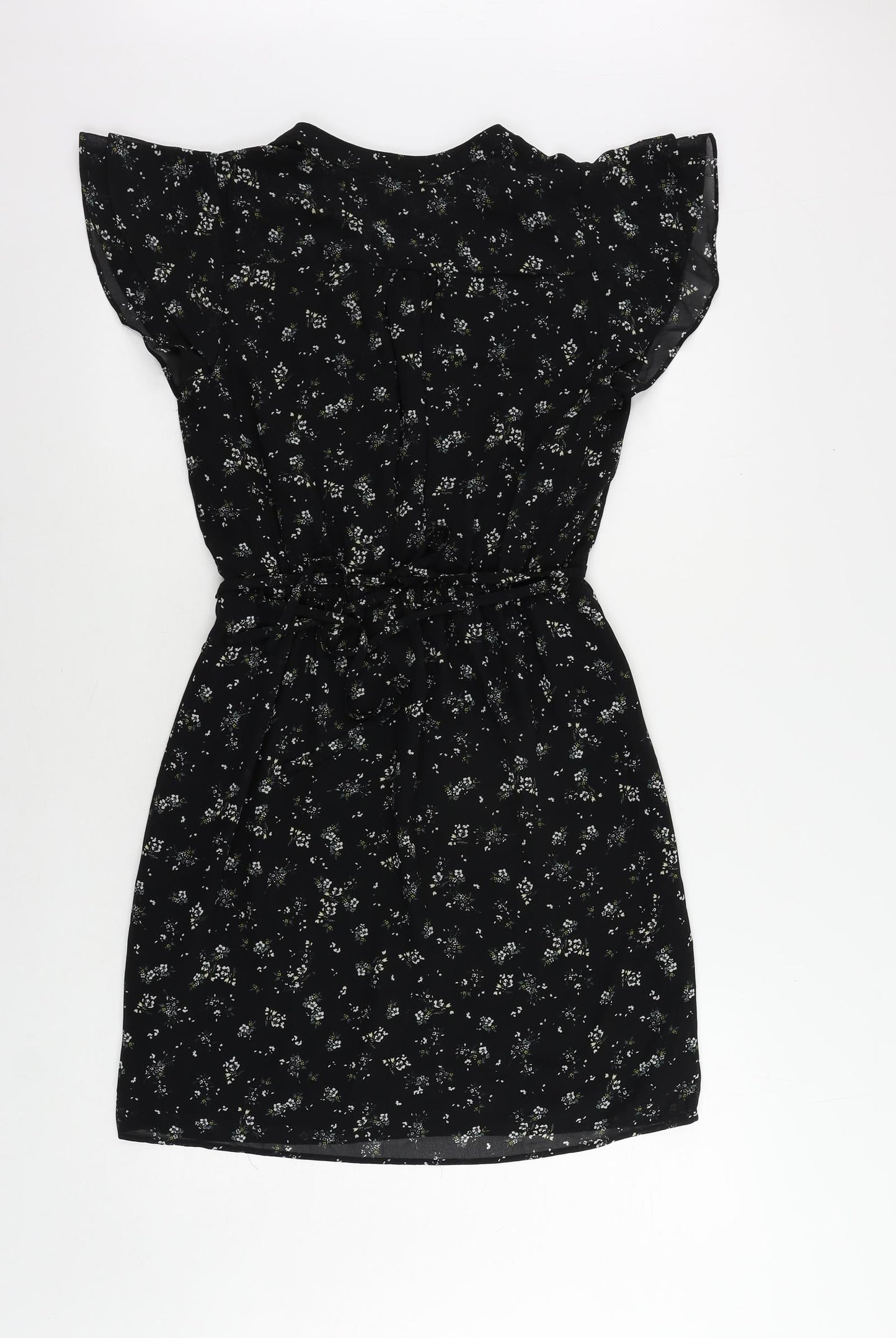 H&M Womens Black Floral Polyester A-Line Size 6 V-Neck Zip - Ruffle